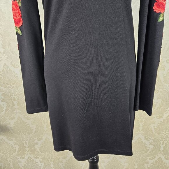 Reserved Size Small Black V-neck Bodycon Dress Rose Embroidered Long Sleeves - Picture 3 of 12